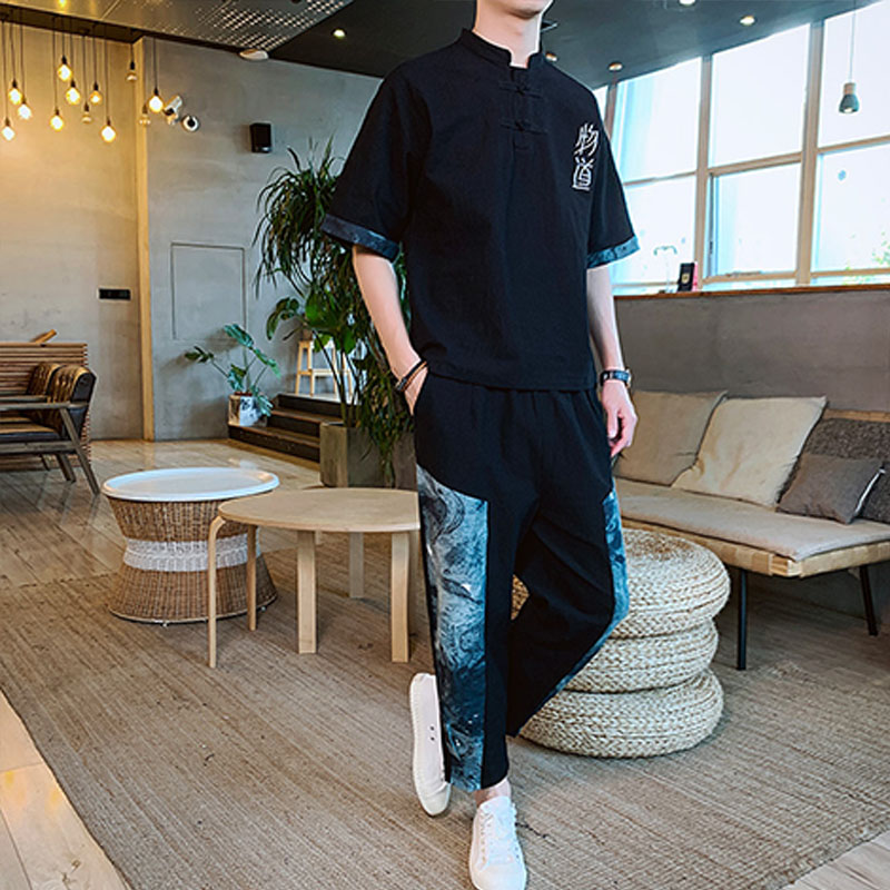 

Chinese style Tang suit loose short sleeve T-shirt suit men's national Han, Picture color