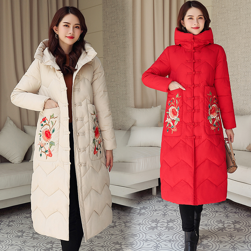 

Wholesale Winter Women Chinese Embroidered hooded Down Cotton Padded Warm Jacket Long Coat Size XS-XL, Creamy-white