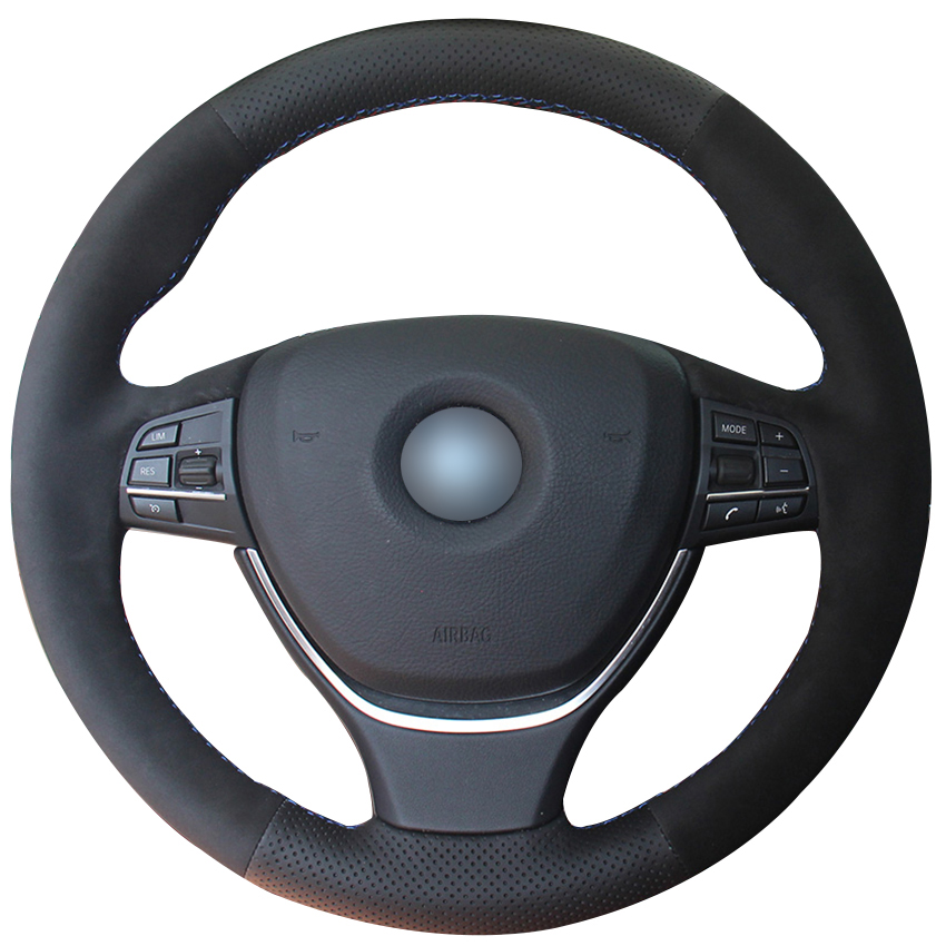 DIY Hand sewing Black Genuine Leather Suede Car Steering Wheel Cover for BMW F10 2014 520i 528i 2013 2014 730Li 740Li 750Li-image-456771393