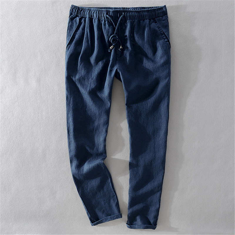 

Men's casual pants 2020 new men's casual pants lanyard pure linen Capris solid color thin breathable Leggings increase size 40, Blue