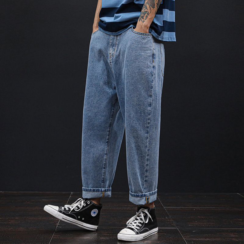 

EU28-48 Outdoors Camping Working Climbing Jeans Men's Loose Big Size Fat Stretch Nine-point Wide Leg Casual Male Pants, Light blue