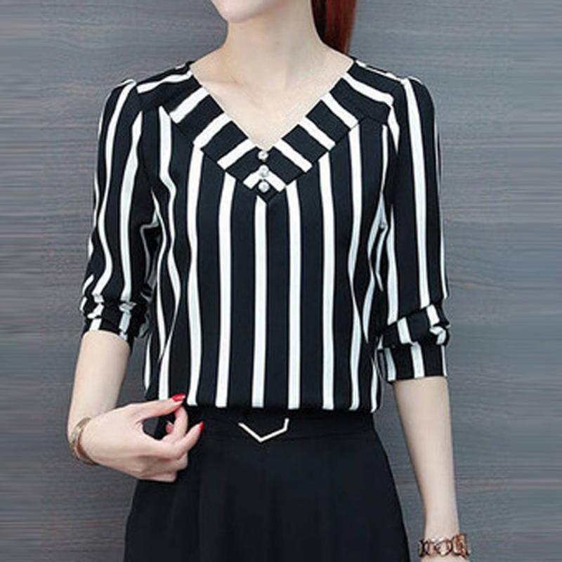 

Fashion Women Blouse Shirt Three Quarter Sleeve Blouse Leisure Stripe Office Lady Shirts Top Casual V Neck Tops Blusas Femininas, Black