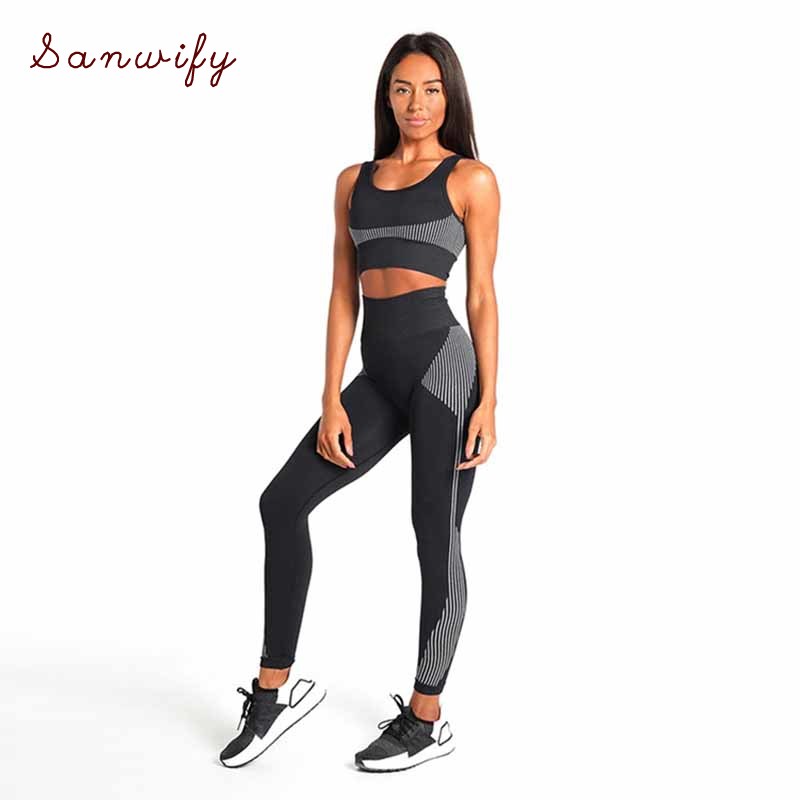 

2 Piece Seamless Yoga Set Women Striped Workout Clothing Sportswear High Waist Gym Leggings+padded Sports Bra Fitness Sport Suit, Black