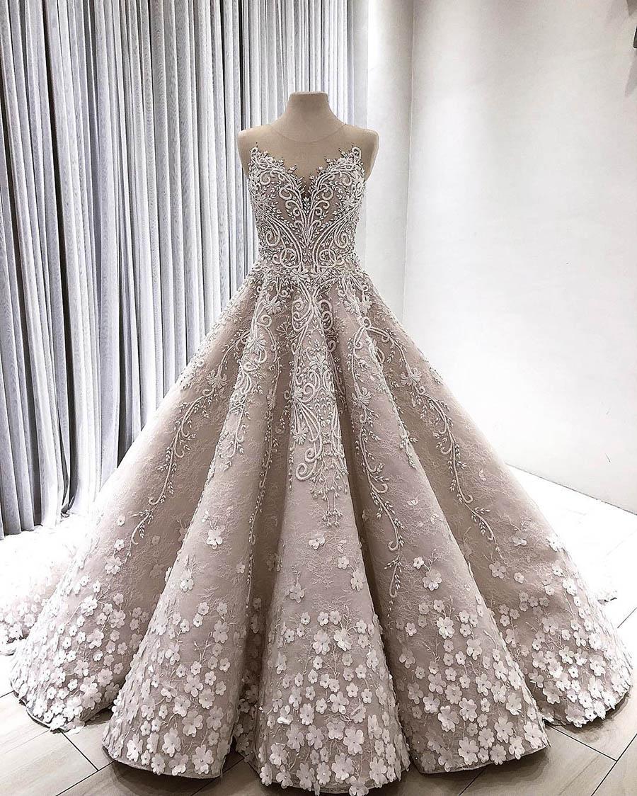 

Sparkly Champagne 3D Flowers Beaded Ball Gown Wedding Dresses Luxury Lace Appliqued Plus Size Saudi Arabia Dubai Bridal Gown, White