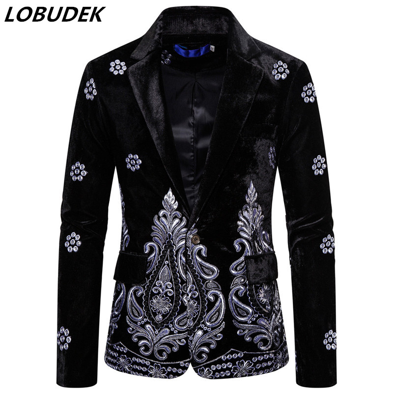 

Men Black Vintage Velvet Embroidery Blazers Stage Costume Single Button Tuxedo Blazer Casual Coat Singer Host Stage Suit Jackets
