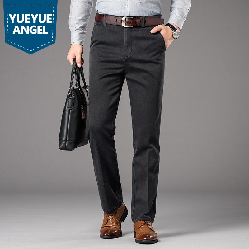 

Business Casual High Waist Jeans Men Plus Size Autumn Winter Loose Fit Straight Denim Trousers 2020 New Stretch Zipper Jeans, As picture