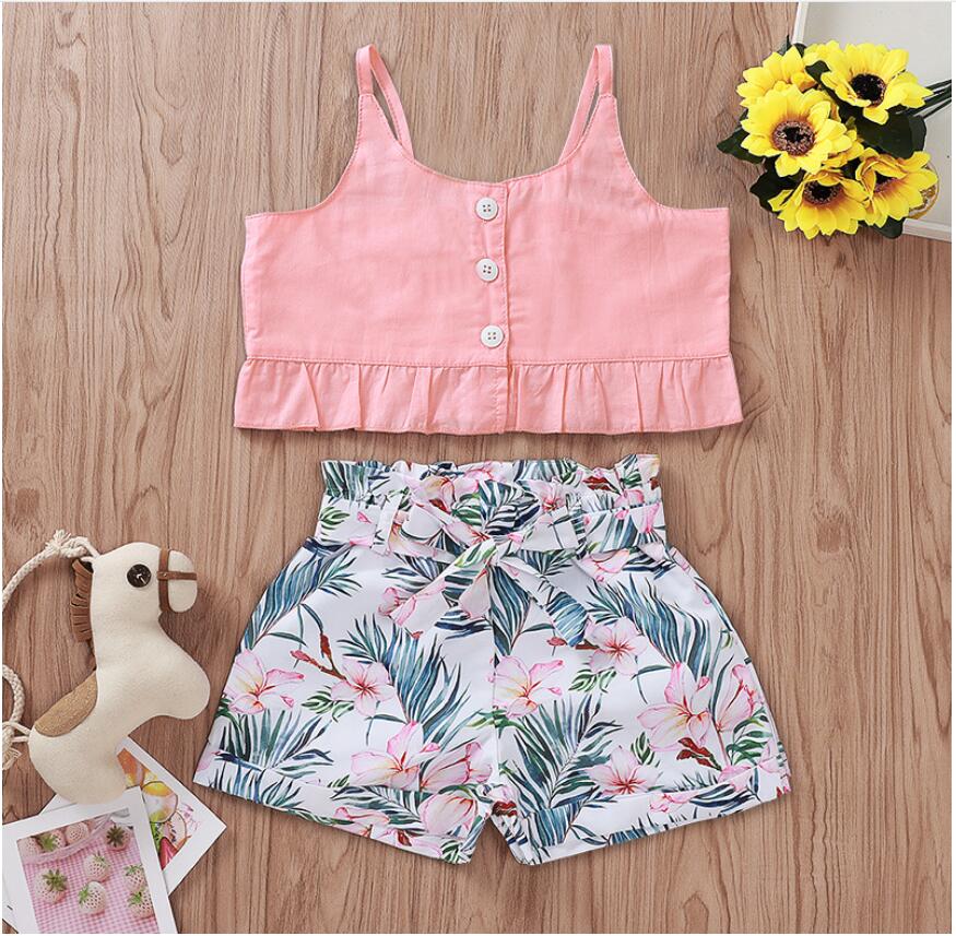

Girl O-Neck Collar Sleeveless Tops and Short Pant Set Baby Summer Floral Print Pant Suit Baby Sweet Clothes Two Pieces ZHT 276, As picture