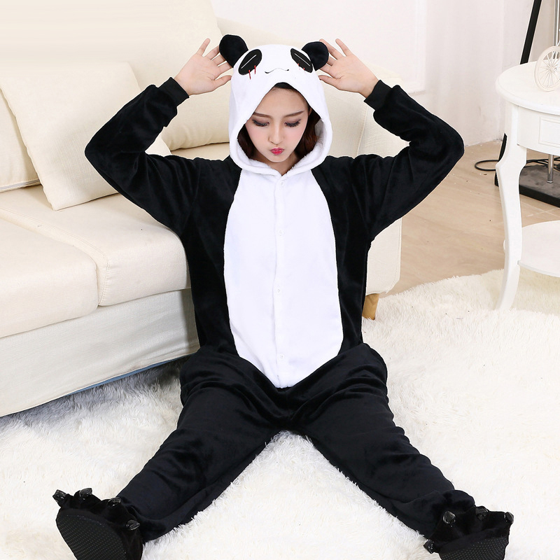 

Panda Onesie Adult Women Men Couple Animal Pajama Black White Cute Sleepwear High Quality Thicken Flannel Warm Home Party Suit, As picture
