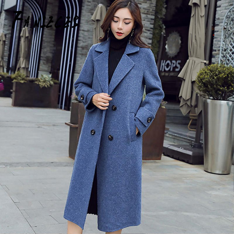 

Women Autumn Winter Casual Double Breasted Business Wool Coat Fashion Warm Solid Pocket Plus Size coats Long office lady Outwear, Beige