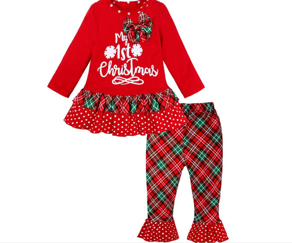 

Girl Christmas Long Sleeve T-shirt Dress and Bell-Bottomed Pant Set Baby O-Neck Xmas Red Tops and Bell-Bottomed Trousers Suit Kids Toddler, As picture