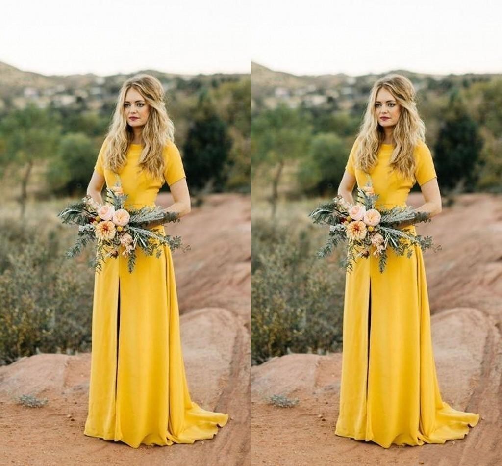 

2020 Elegant Yellow Country Bridesmaids Dresses Middler Slit with Sleeves Long Evening Party Prom Formal party Dress Cheap Custom Made