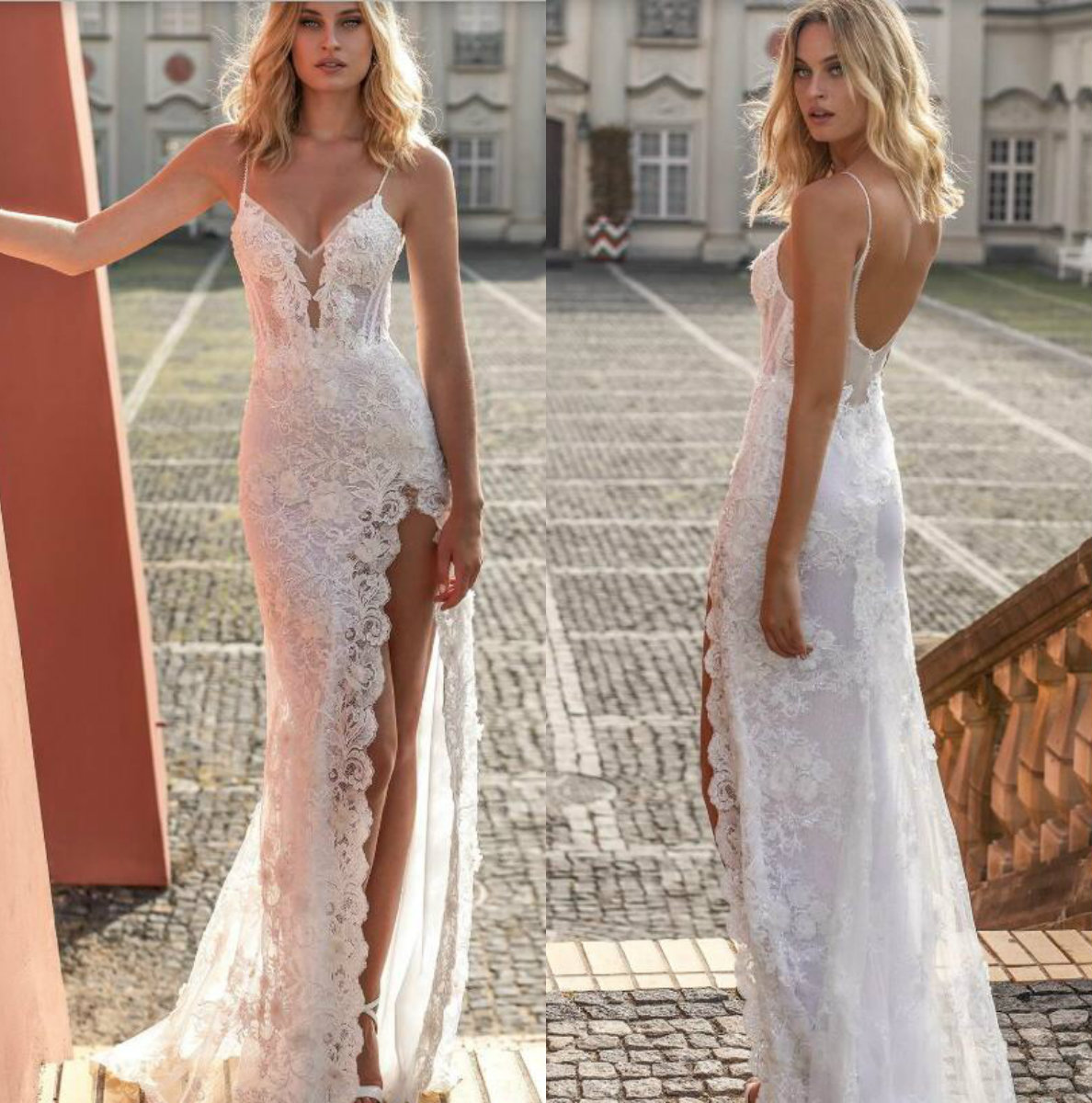 

2020 Mermaid Wedding Dress Lace Appliqued Beads Spaghetti High Split Vestido De Noiva Plus Size Beach Bohemian Wedding Dresses Bridal Gowns, Royal blue