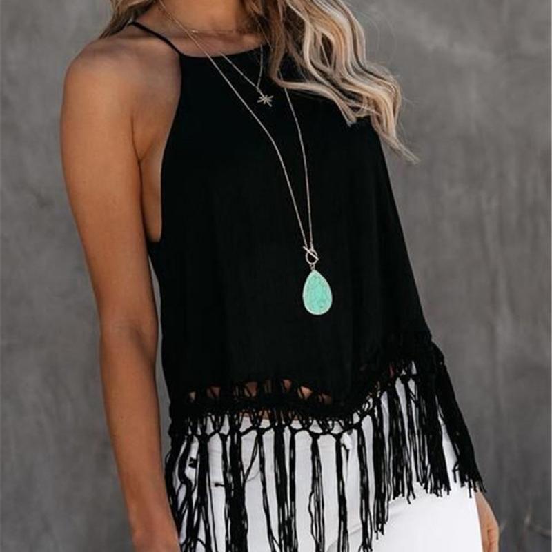 

Summer New Crochet Stitching Camisole Fringed Top Beach Blouse, Black