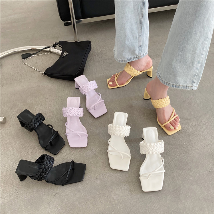 

Women Sandals Slippers Slides Slip On Block High Heels Shoes Narrow Band Design Square Toe Fashion Summer Slides, Black