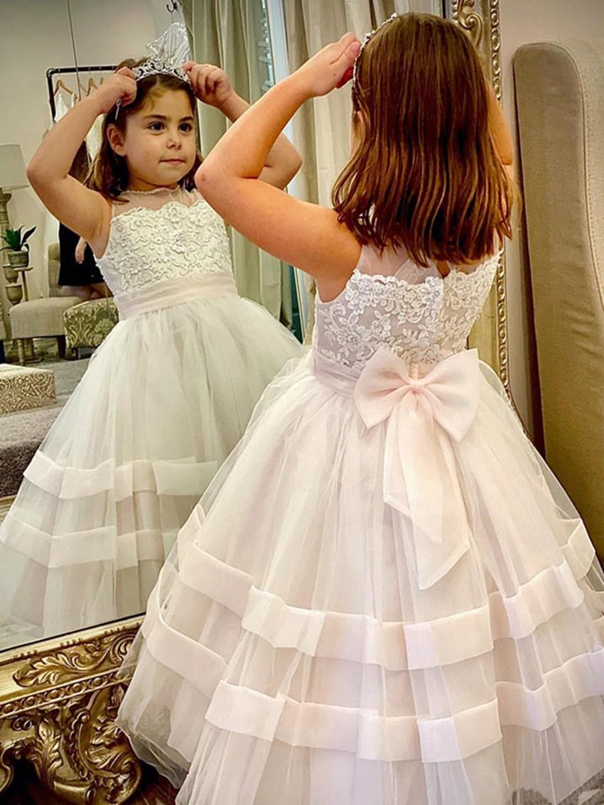 Setwell Jewel A-ligne de fleurs filles Robes en dentelle sans manches en organza Princesse hiérarchisé appliques Pageant robe avec nœud