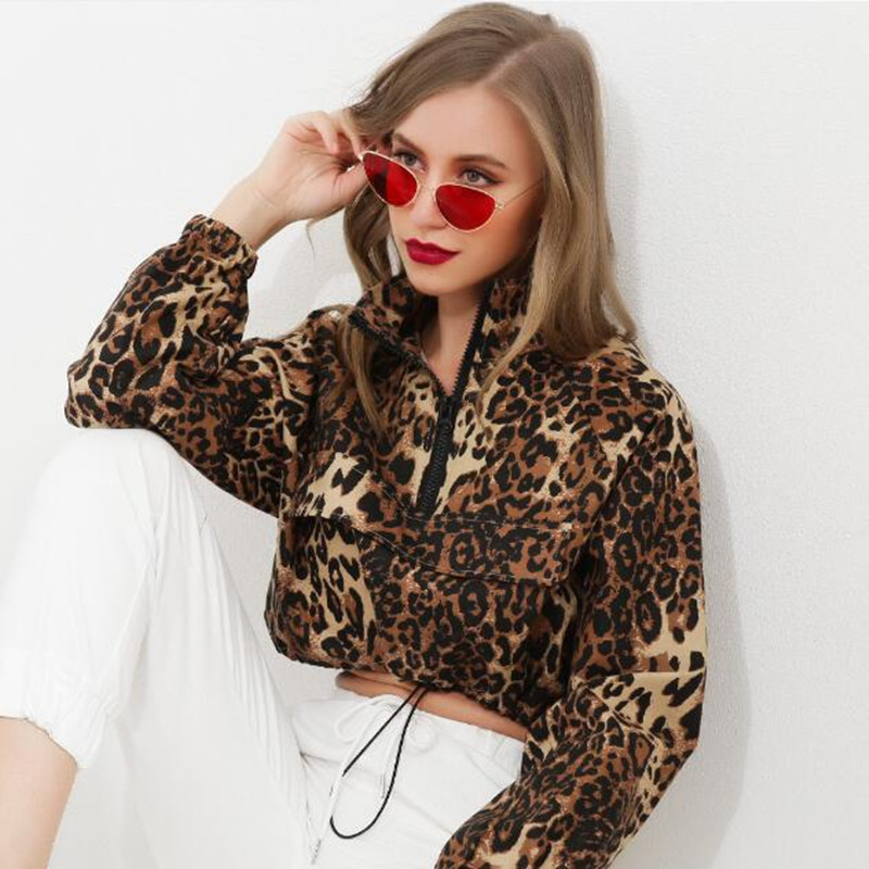 

2019 Spring New Leopard Hoodie Splicing High Collar Zipper Midriff-baring Your Waist Tops Women Short Long Sleeve Pullover Trend, Black