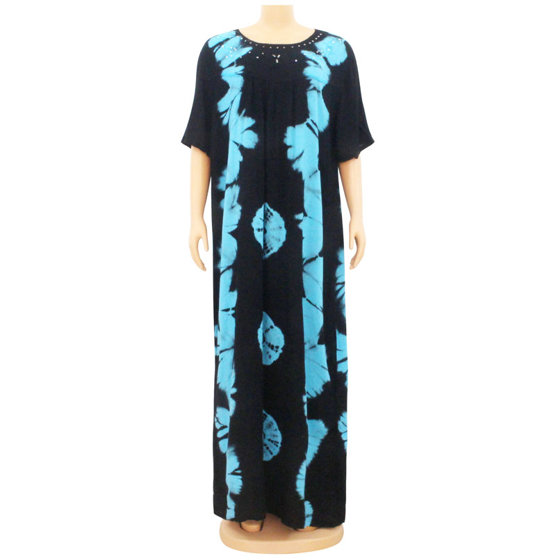 

2020 New Sequins Summer African Women Dresses O Neck Cotton Black Blue Print Fashion Loose Ladies Clothes