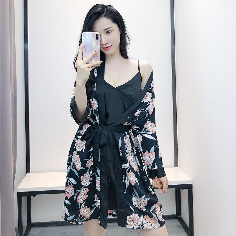 

2020 Women Robe & Gown Sets 2 Pieces Sets Spring Sleepwear Robe Sexy Ladies Nightwear Flower Print Nightdress With Chest Pads, Blue