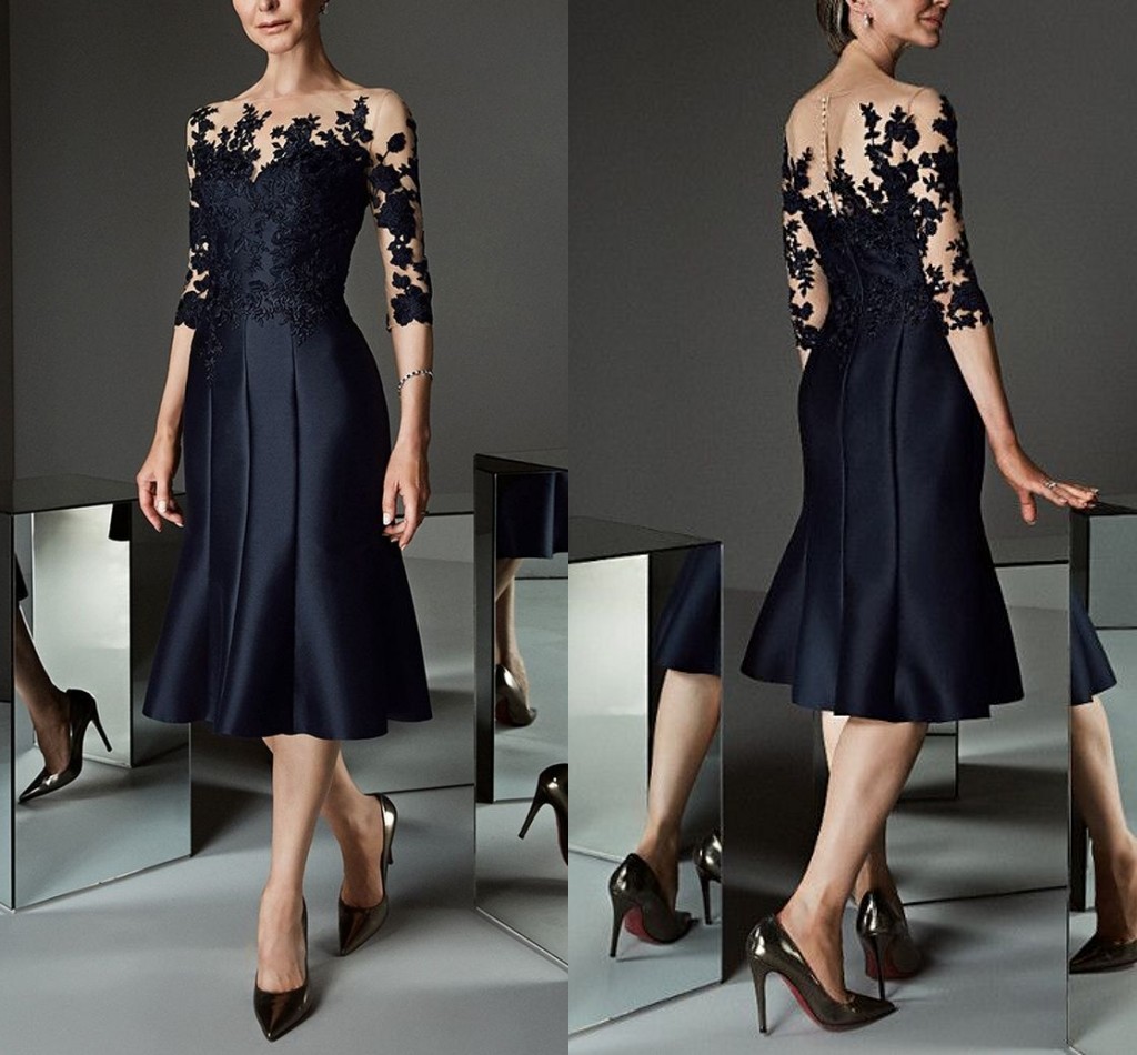 

3D Floral Applique Knee Length Mother Of The Bride Dresses 2020 Bateau Illusion 3/4 Long Sleeves Evening Women Special Occasion Bridal Party