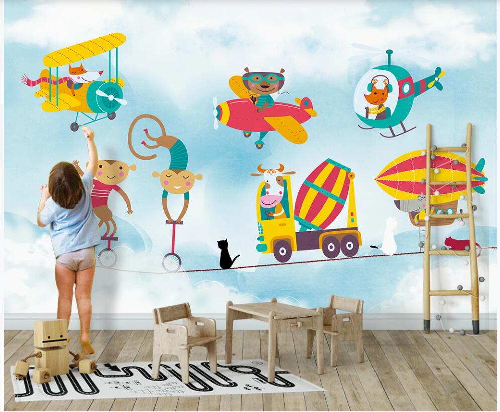 

3d room wallpaper custom photo mural Cartoon car plane blue sky and white cloud children room 3d wall murals wallpaper for walls 3 d, Non-woven