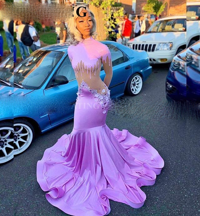 

Black Girls Long Sleeve Mermaid Pink Prom Dresses 2020 High Neck Long Train Plus Size African Formal Dress Long Graduation Gowns, Ivory