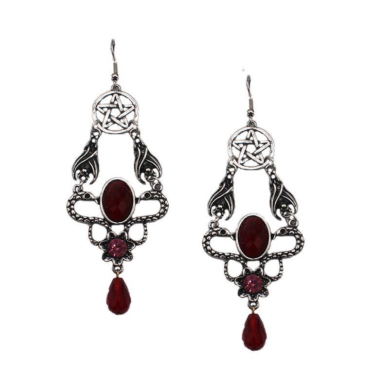 

Red Crystal Animal Cool Water Drop Earrings Punk Gothic Silver Snake Bat Star Long Earrings For Women Halloween Jewelry Brincos