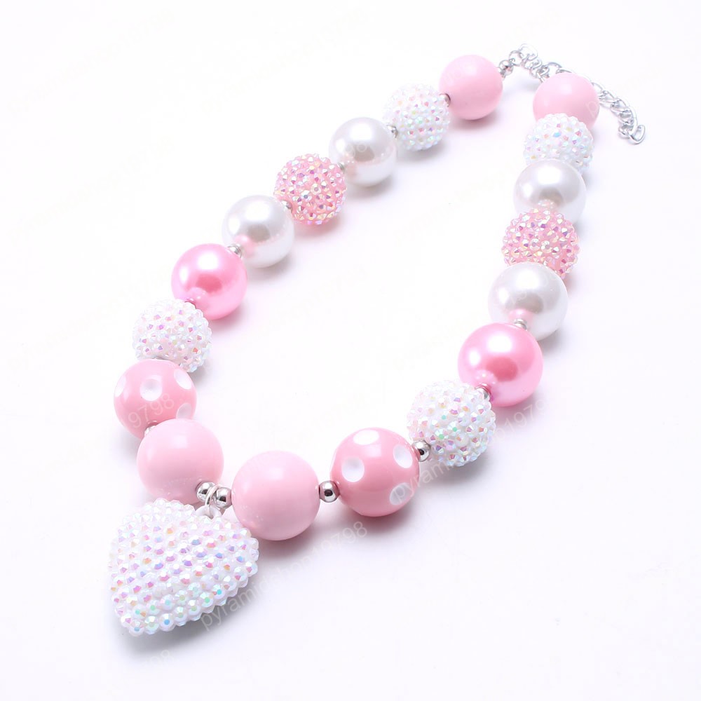 

Love Heart Pendant Baby Kid Chunky Necklace Pink+White Girl Kids Bubblegum Chunky Bead Necklace Children Jewelry, As picture