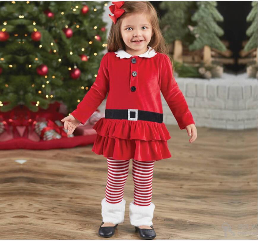 

Girl Christmas Long Sleeve Corduroy Tops and Long Pants Set Two Pieces Baby Turn-down Collar T-shirt dress and Strip Trousers Suit KD 012, As picture