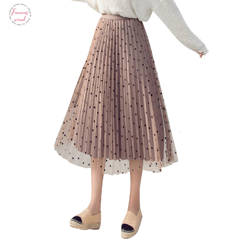 

Lining Velvet Tulle Skirts Women 2019 Spring Polka Dot Skirt High Waist Pleated Midi Long Skirt Can Wear Two Sides, Brown