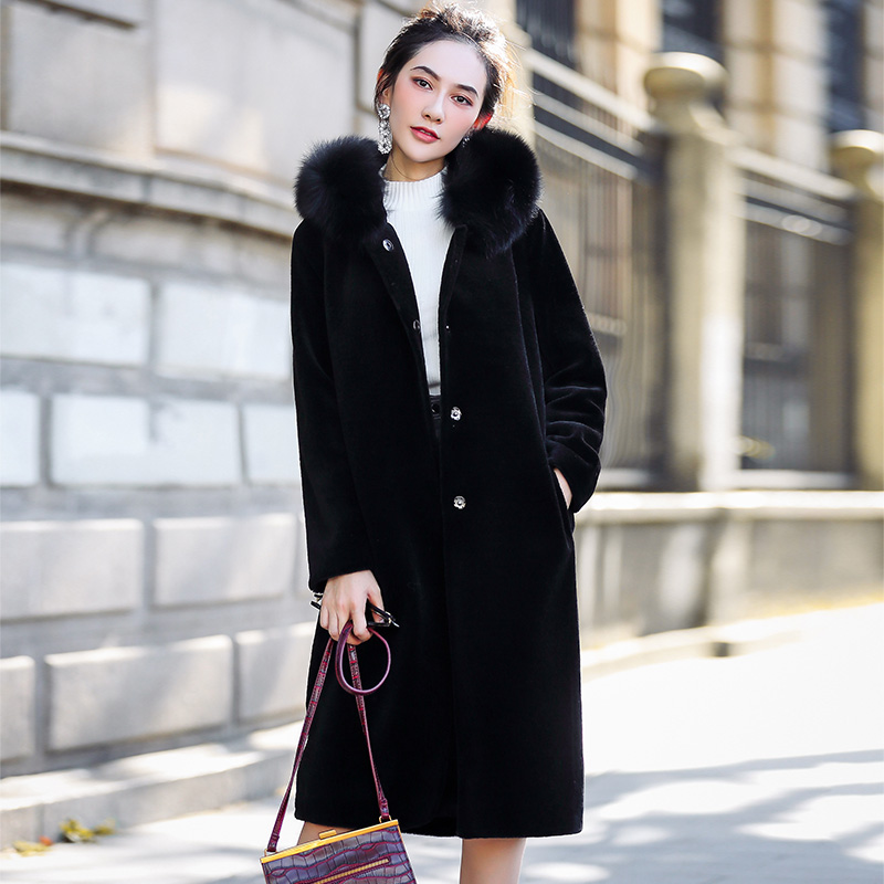 

Women Genuine Winter Coat Warm Thick Sheep Shearing Fur Collar Hooded Jackets Luxury OT2855 MF646, Black