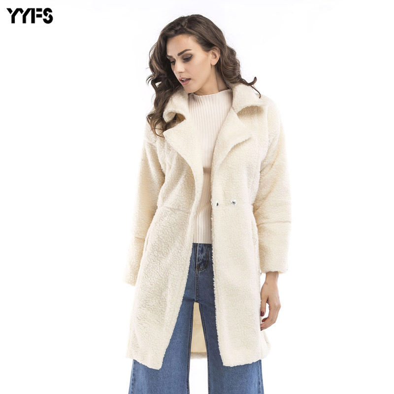 

2019 hot sale autumn and winter cotton wool long sleeve medium and long woolen coat coat woman shein, Ivory