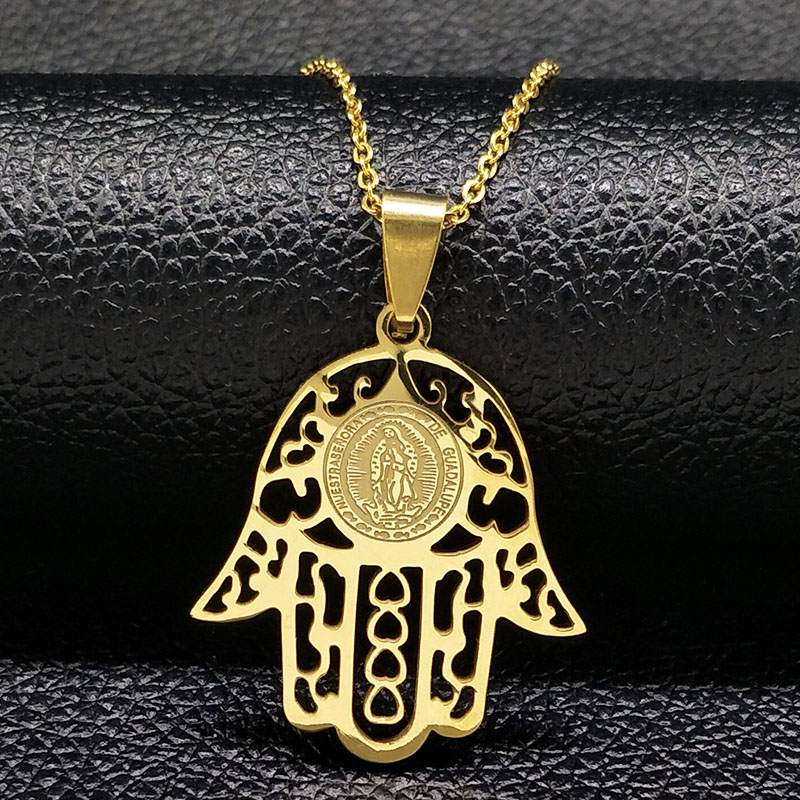 

Jesus Stainless Steel Necklaces For Men Gold Color Statement Necklace Hamsa Hand Jewellery Colar masculino feminino N166263