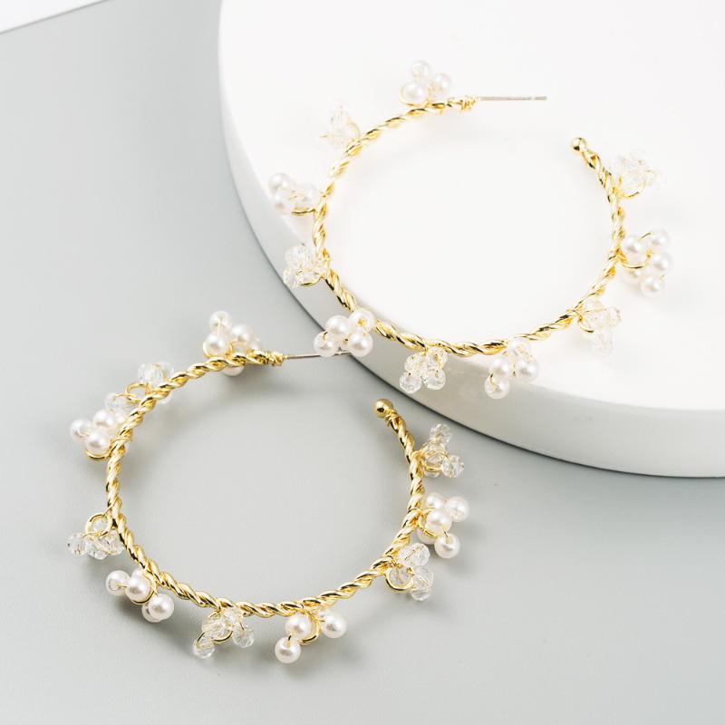 

Hoop & Huggie 2021 Shiny Crystal C Shape Earrings For Women Gold Color Geometric Big Simulated Pearl Bohemian Drop Jewelry
