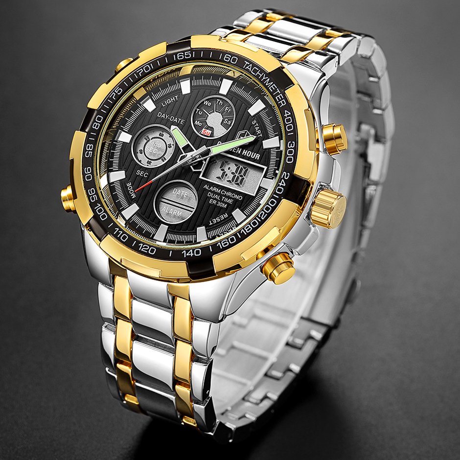 

Reloj Hombre GOLDENHOUR Top Brand Quartz Mens Watch Digital Sport Wrist Watches Army Military Male Clocks Relogio Masculino, Slivery;brown