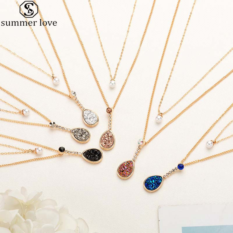 

6 Colors Resin Druzy Stone Double Layer Necklace with Gold Color Pearl and Teardrop Shaped Pendant Necklace for Women Valentine's Day Gift-Z