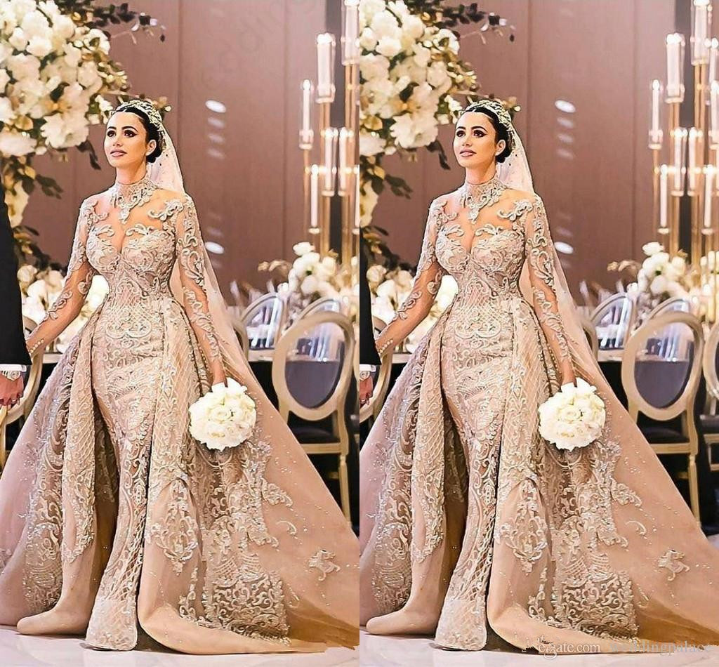 

New Arabic Dubai Long Sleeve Wedding Dress Gorgeous High Neck 2020 Mermaid Lace Appliques Detachable Train Bridal Gown vestido de noiva 453, Brown