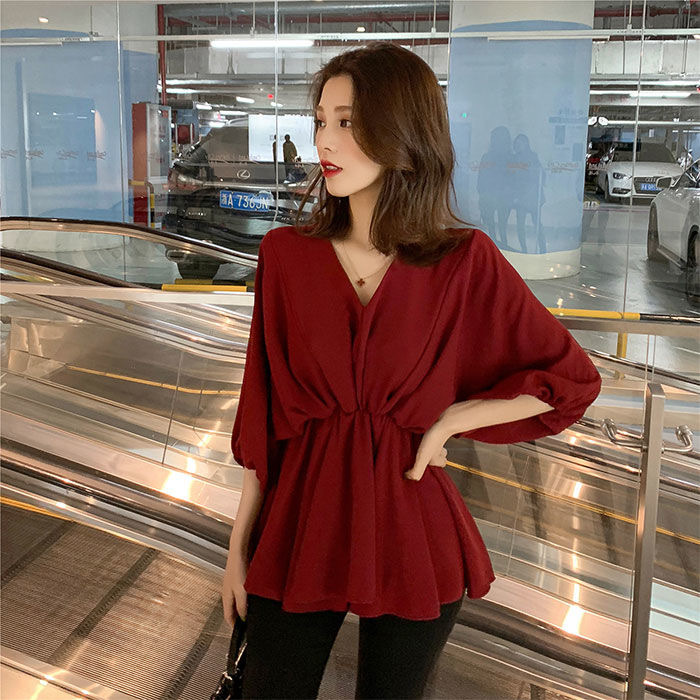 

2020 New Summer Middle Aaged Women Korea V Neck Slim Fashion Blouse Tops Female Chiffon Half Sleeve Milk Silk Shirt W106, Black