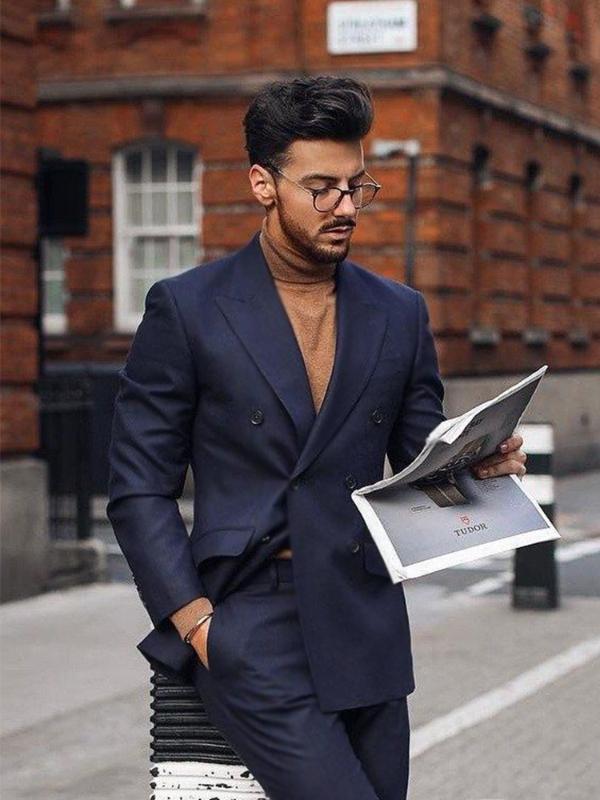 

ANNIEBRITNEY Navy Slim Fit Double Breasted Men Business Suit Custom Groom Wedding Tuxedo Slim Fit 2 Piece Wedding Business Suit