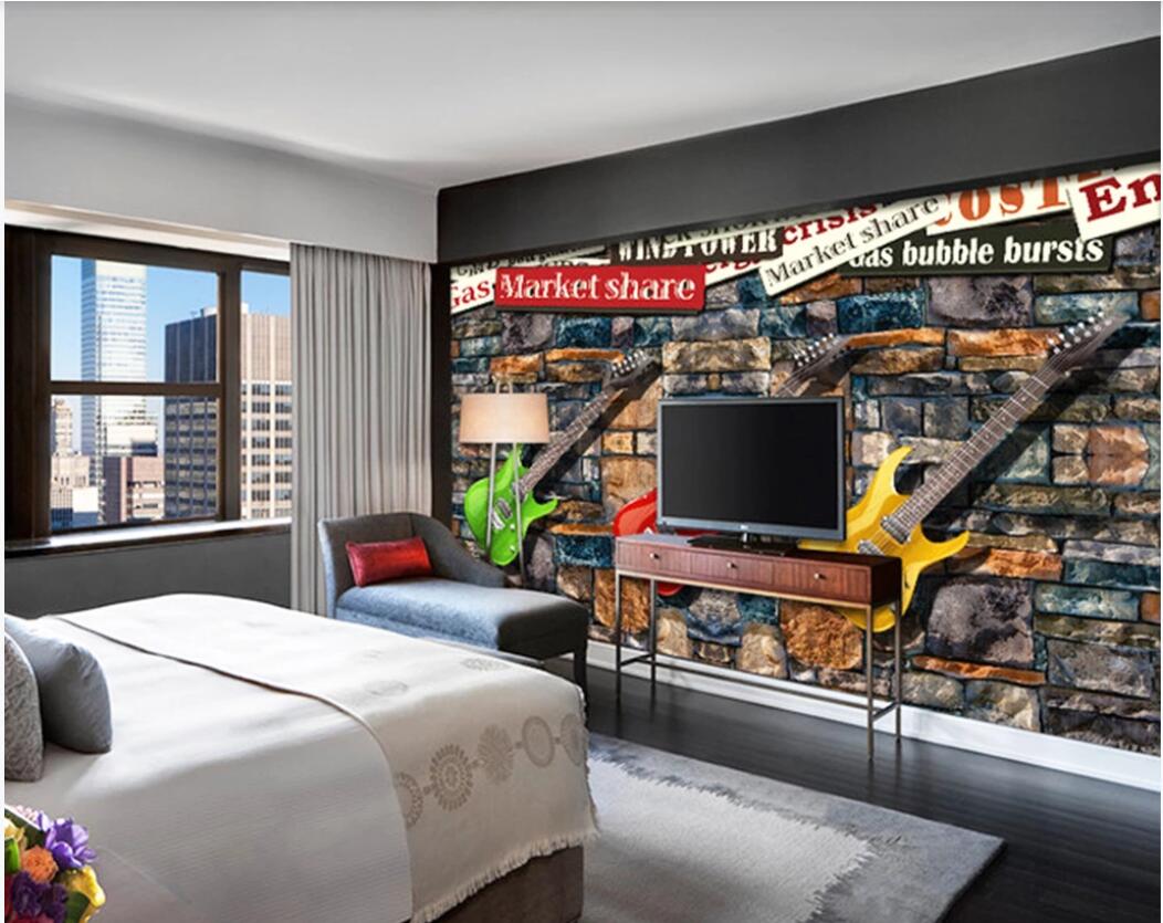 

3d wallpaper custom photo mural European and American wind stone wall electric guitar wallpaper for walls 3 d, Non-woven