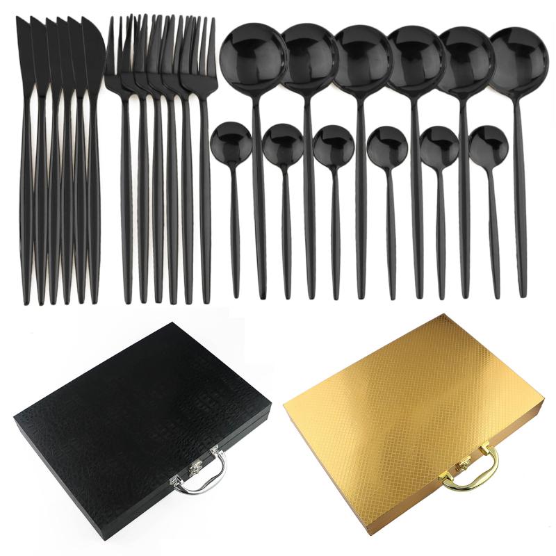 

24pcs Golden Flatware Set 304 Stainless Steel Knife Fork Spoon Dinnerware Set Black Cutlery With Wood Gift Box