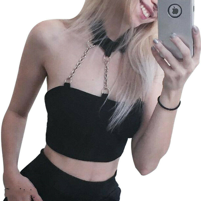 

Women Girls New Punk Style chain Tank Tops Ladies Choker Halter Top Women Camis Buckle Crop Top Summer Vests Clubwear Sexy Tanks, Black