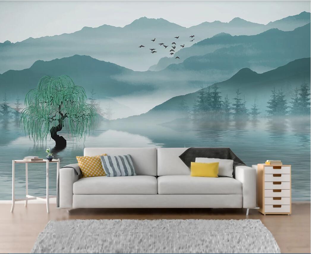 

3d wallpaper custom photo murals Abstract blue artistic conception landscape boat bird TV background wall decor wall art pictures, Non-woven fabric