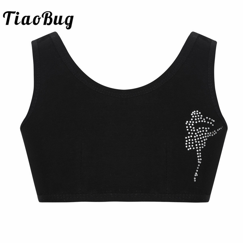 

TiaoBug Kids Puberty Growing Young Girls Basic Soft Cotton Ballerina Rhinestones Sports Dancewear Bra Ballet Gymnastics Crop Top, Black
