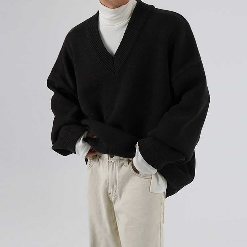 

2019 Autumn And Winter New Men's V-neck Korean Version Of The Trend Sweater Fashion Casual Solid Color Pullover Black -2XL, White;black