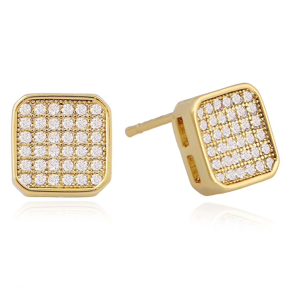 

hip hop full diamonds ear studs for men chessboard rhinestone gold Luxury stud earrings real gold plated copper diamond jewelry