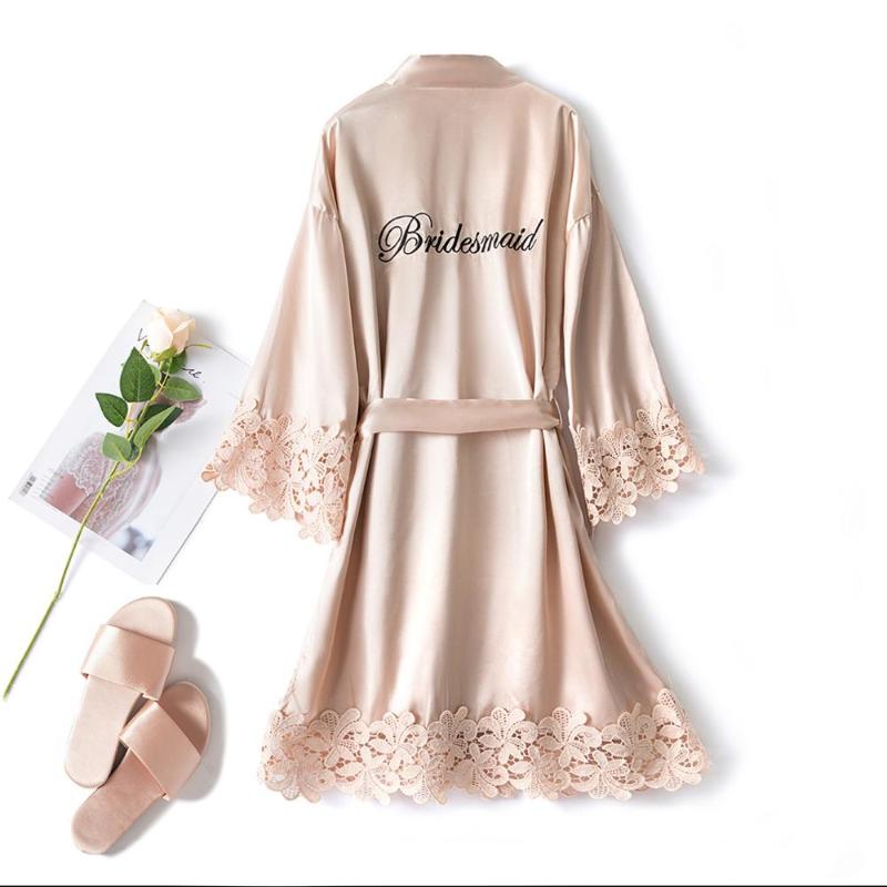 

RMISSLI Lace Custom Logo satin Team Bride Robe Women Kimono Wedding Bridesmaid Robes bathrobe female silk gowns sleepwear, Khaki