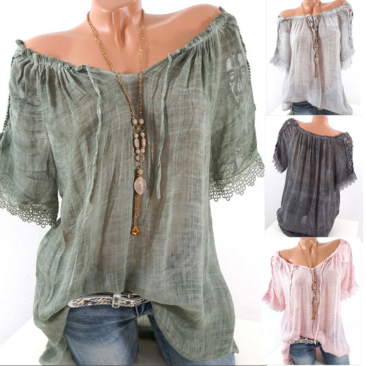 

Teen wind fashion casual summer lady girl translucent One-word shoulder short sleeve hollowed shoulder T-shirt, Black
