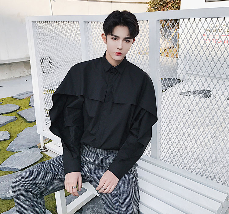 

Spring Autumn Male Streetwear Hip Hop Dress Shirts Stage Show Clothing Blouse Men Bat Sleeve Long Sleeve Loose Casual Shirts, Black