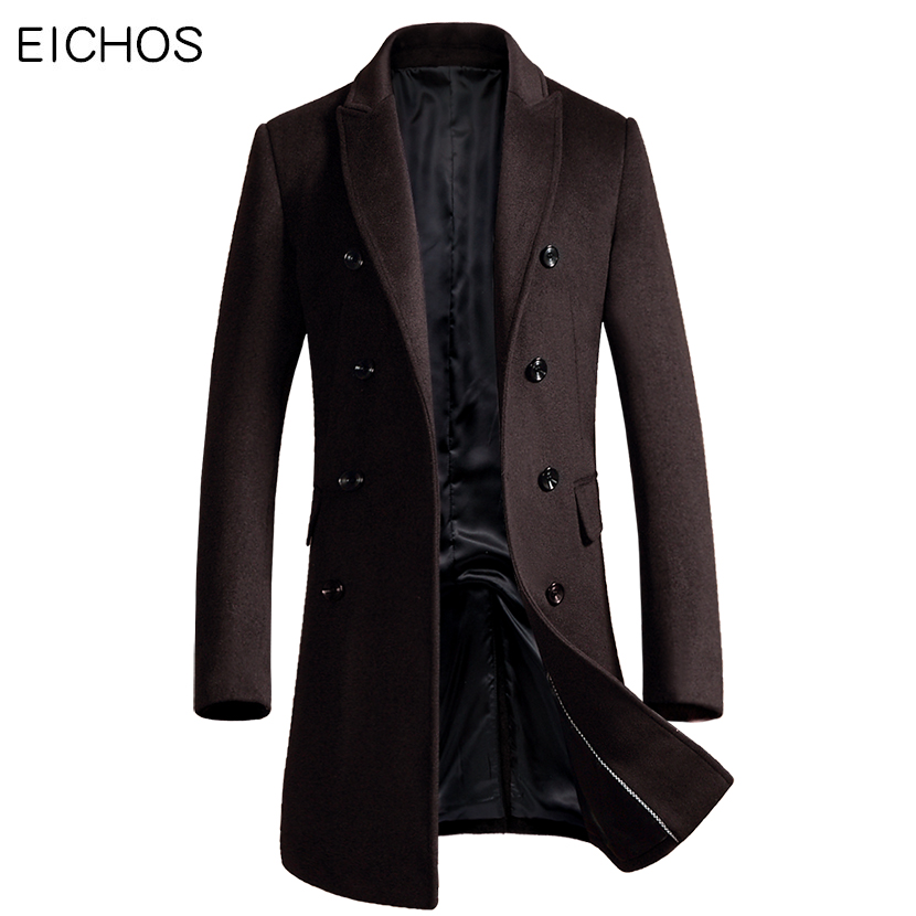 

EICHOS Korean Men Coat Fashion Double Breasted Cardigan Wool Coat Men Slim Long Mens Overcoat 2018 New Peacoat Manteau Homme, Black