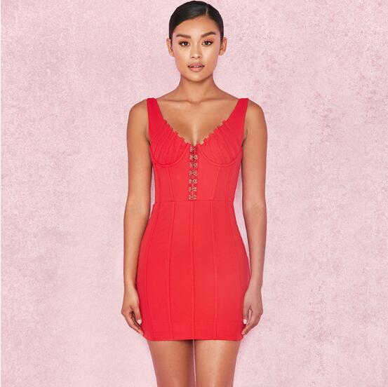 

summer v-neck strap mini rivet red white bodycon sexy low bosom backless women evening pub dress party bandage dresses